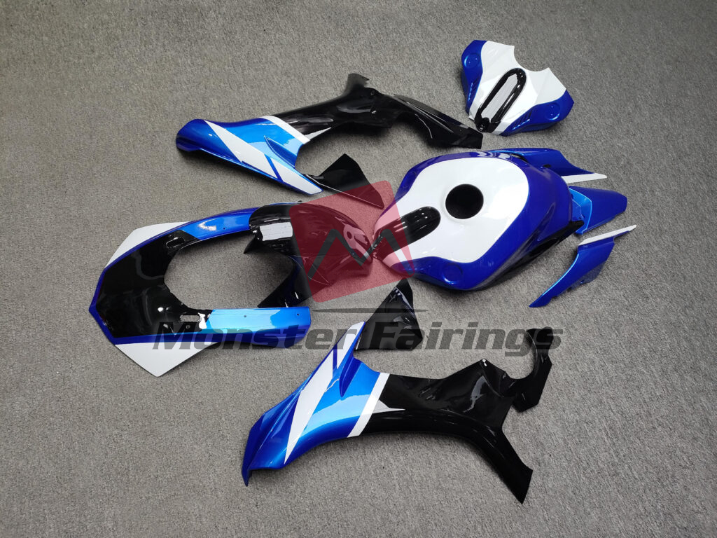 2015 - 2019 Yamaha R1 Gloss Blue & Black With White fairing set - ABS injection, custom painted by Monster Fairings