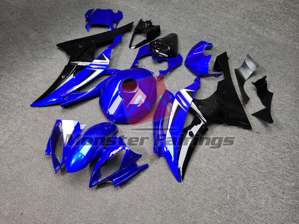 2008 - 2016 Yamaha R6 Gloss Deep Blue & Black With White fairing set - ABS injection, custom painted by Monster Fairings