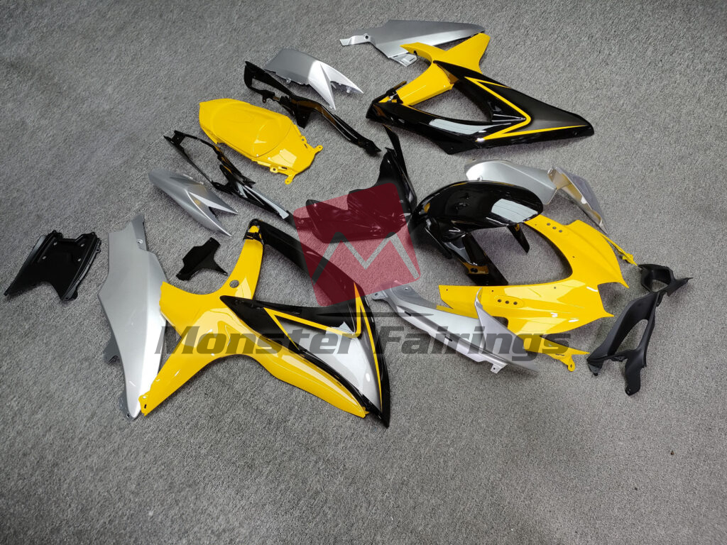 Suzuki GSXR 600 - 750 custom ABS fairings 2008 - 2010 in Gloss Yellow & Black With Silver - durable replacement kit, Monster Fairings