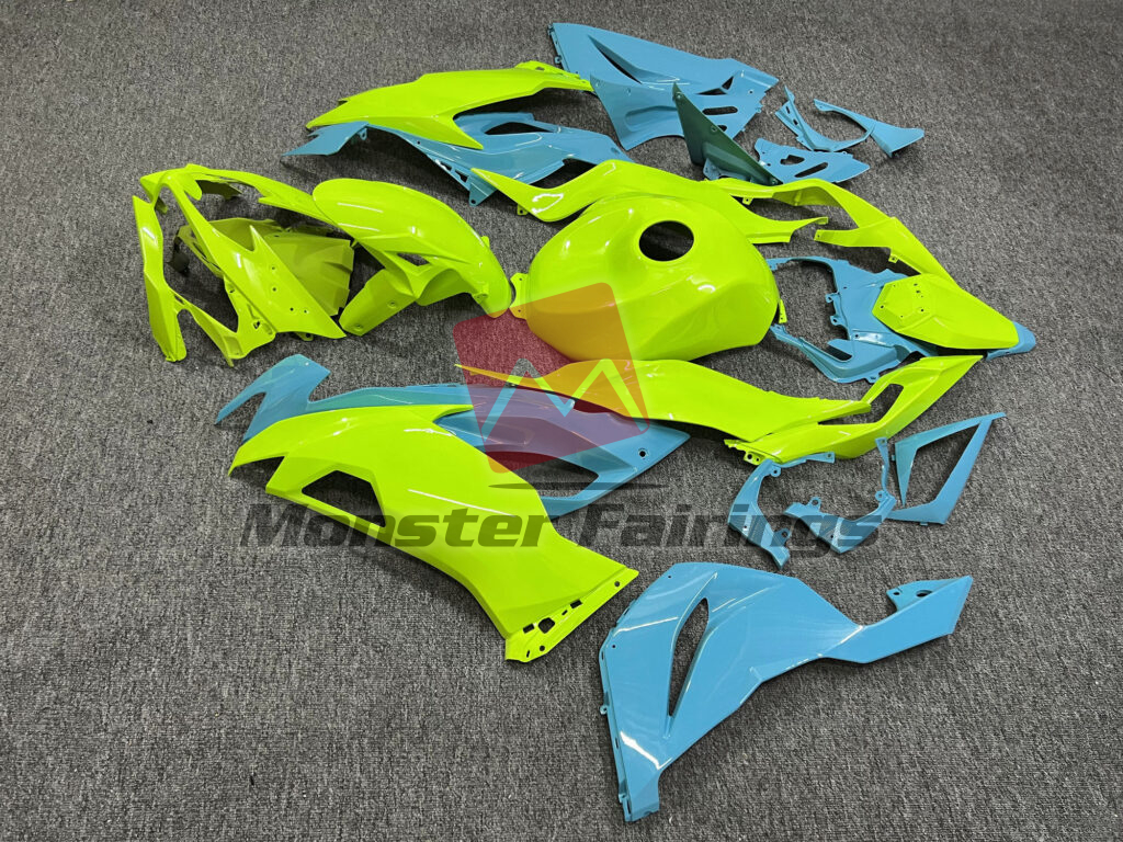 2019 - 2023 Kawasaki ZX6R Gloss High Vis Yellow With Aqua fairing set - ABS injection, custom painted by Monster Fairings