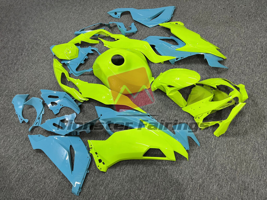 Kawasaki ZX6R custom ABS fairings 2019 - 2023 in Gloss High Vis Yellow With Aqua - durable replacement kit, Monster Fairings
