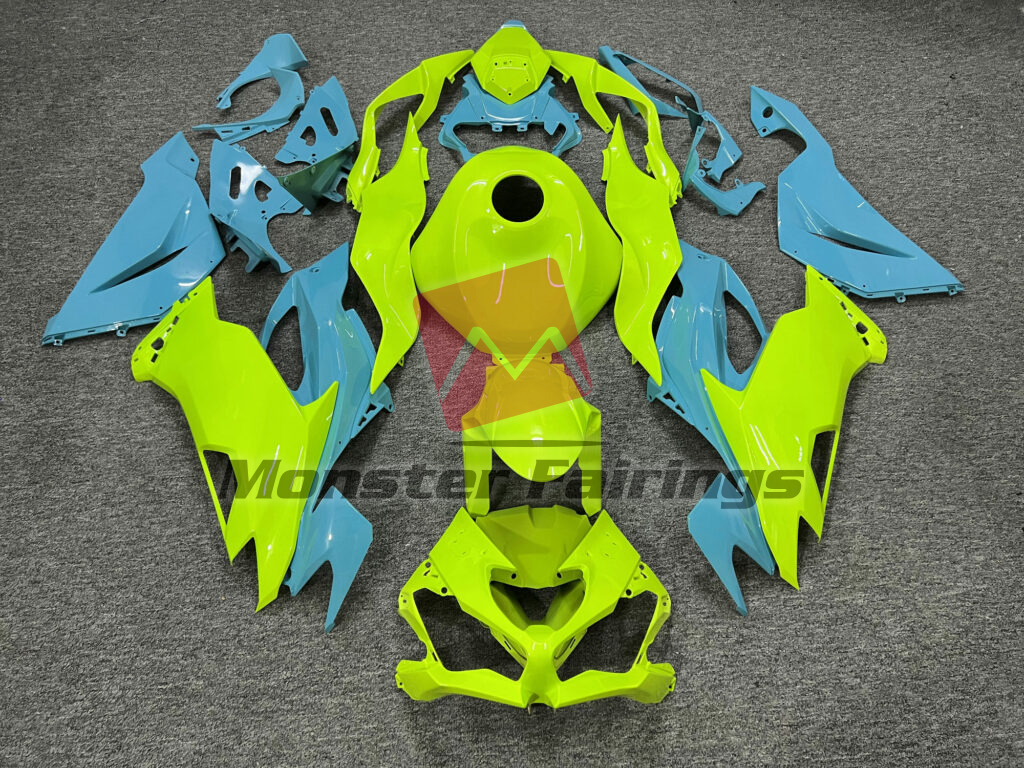 Kawasaki ZX6R 2019 - 2023 Gloss High Vis Yellow With Aqua ABS fairings - custom motorcycle bodywork kit by Monster Fairings
