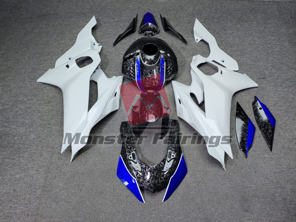 Yamaha R6 2017 - 2022 Gloss Forged Carbon Fiber Style With White & Blue ABS fairings - custom motorcycle bodywork kit by Monster Fairings