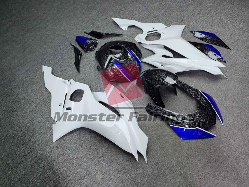 Yamaha R6 custom ABS fairings 2017 - 2022 in Gloss Forged Carbon Fiber Style With White & Blue - durable replacement kit, Monster Fairings