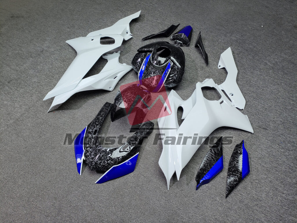 Gloss Forged Carbon Fiber Style With White & Blue ABS fairings for Yamaha R6 2017 - 2022 - premium OEM fit kit by Monster Fairings