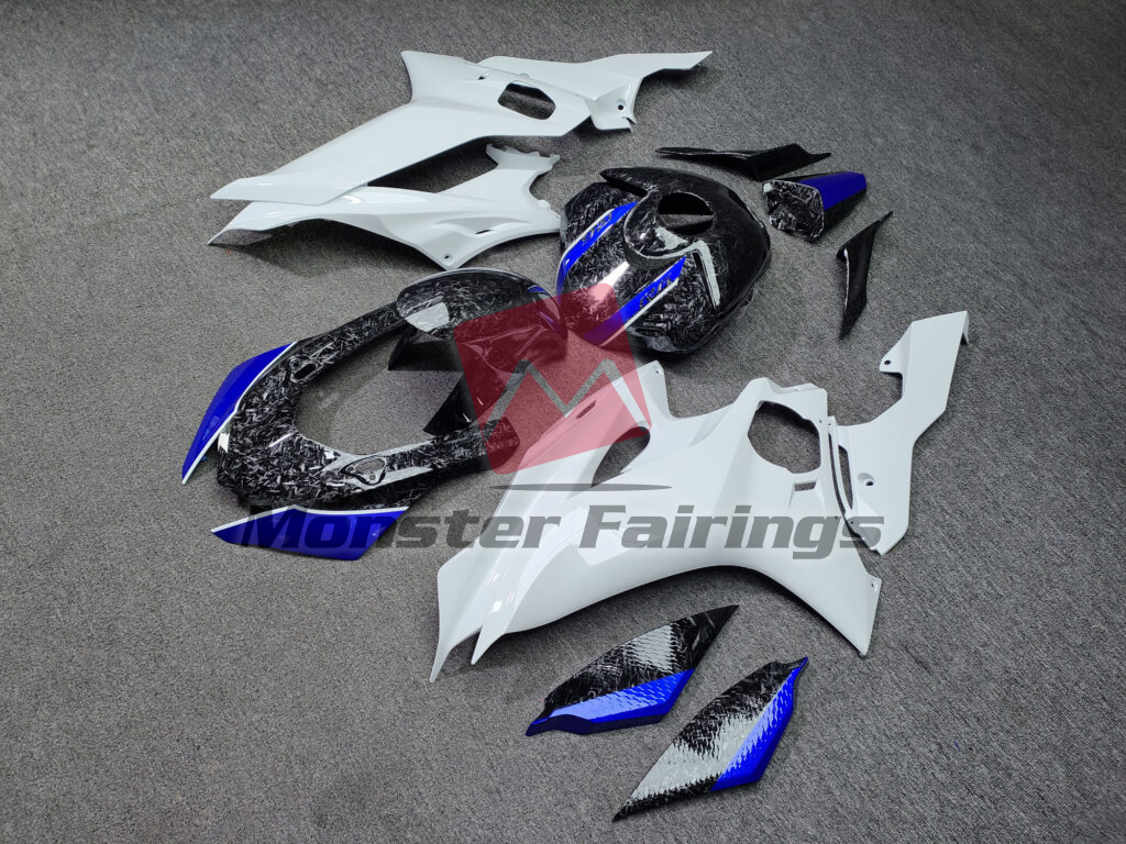 2017 - 2022 Yamaha R6 Gloss Forged Carbon Fiber Style With White & Blue fairing set - ABS injection, custom painted by Monster Fairings