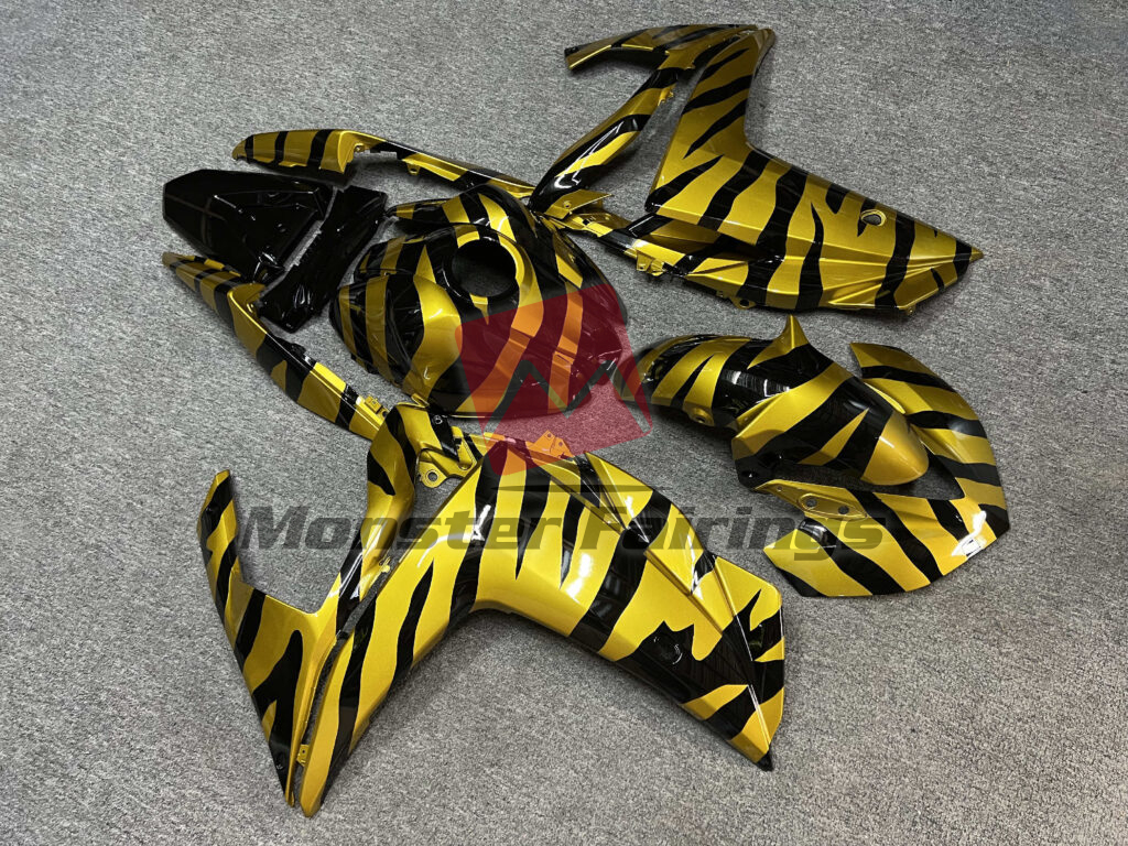 Yamaha R3 custom ABS fairings 2014 - 2018 in Gloss Black & Gold Zebra - durable replacement kit, Monster Fairings