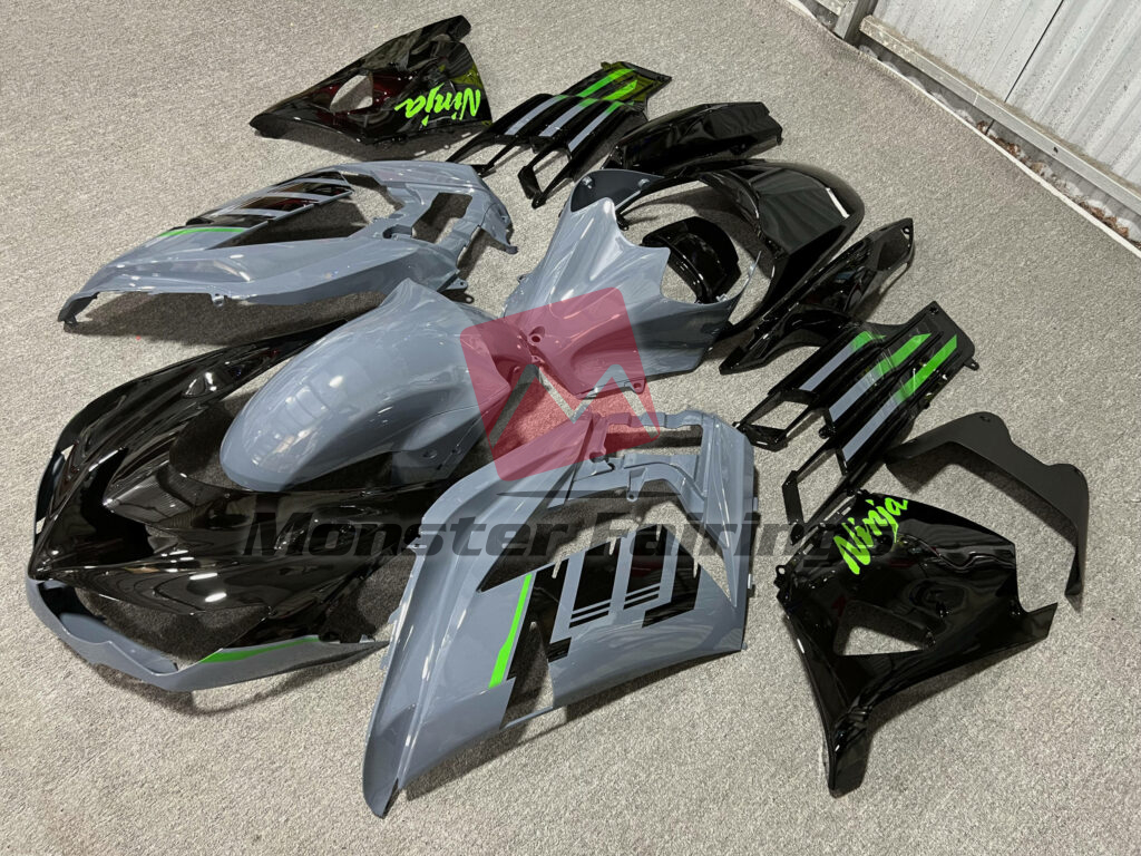 Gloss Nardo Gray & Black With Green ABS fairings for Kawasaki ZX14R 2012 - 2024 - premium OEM fit kit by Monster Fairings