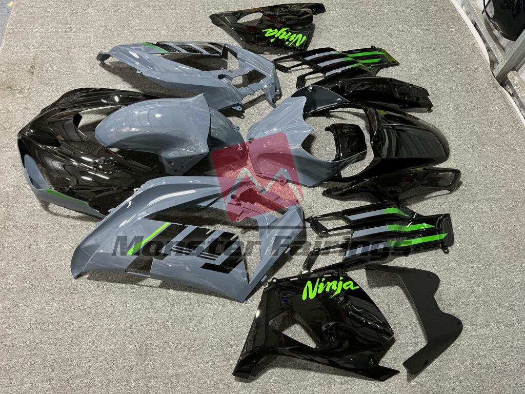 Kawasaki ZX14R custom ABS fairings 2012 - 2024 in Gloss Nardo Gray & Black With Green - durable replacement kit, Monster Fairings