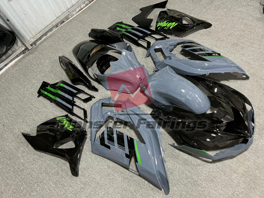 2012 - 2024 Kawasaki ZX14R Gloss Nardo Gray & Black With Green fairing set - ABS injection, custom painted by Monster Fairings