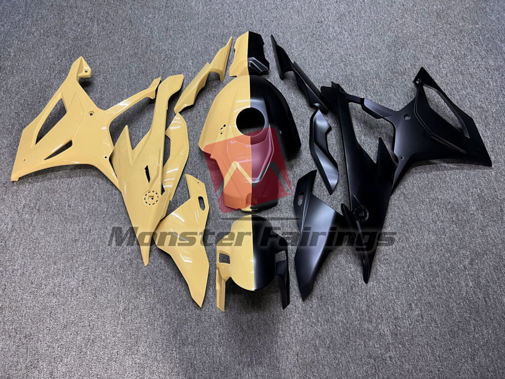 BMW S1000RR 2019 - 2022 Gloss Tan Color & Matte Black Split ABS fairings - custom motorcycle bodywork kit by Monster Fairings