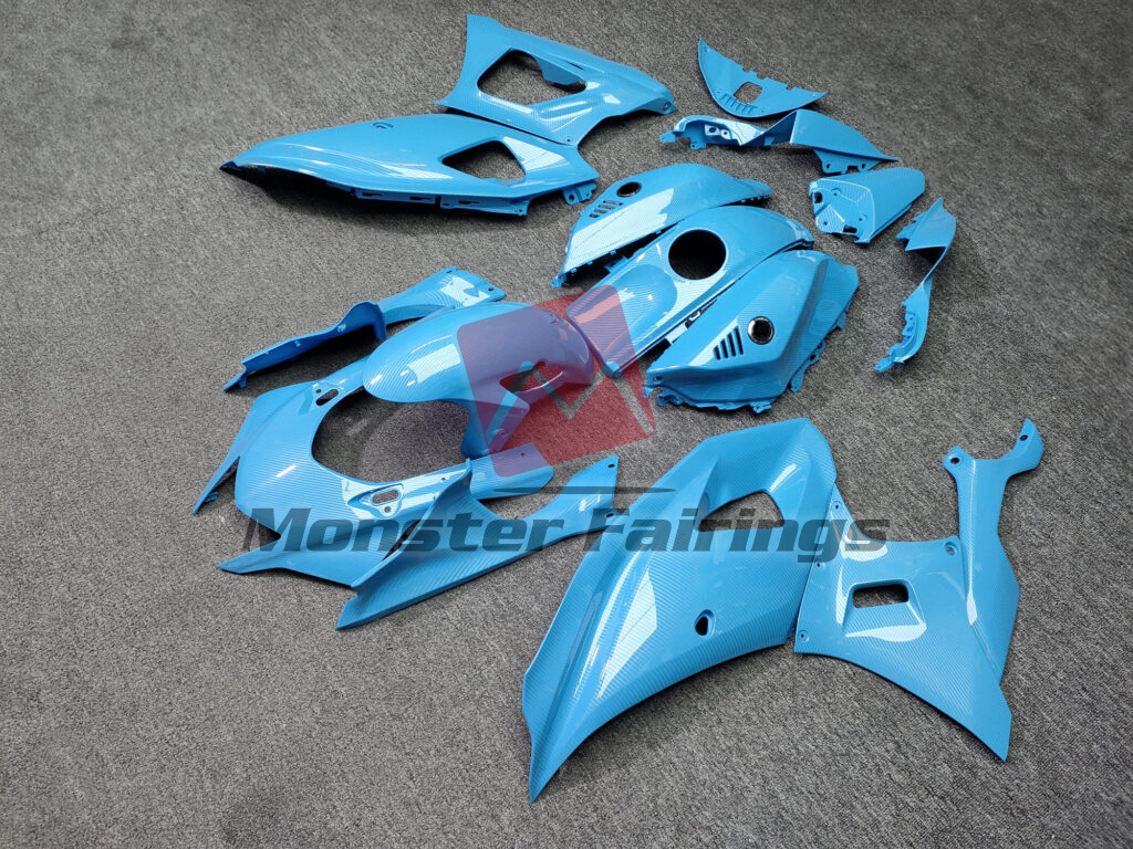2021 - 2025 Yamaha R7 Gloss Light Blue Carbon Fiber Style fairing set - ABS injection, custom painted by Monster Fairings
