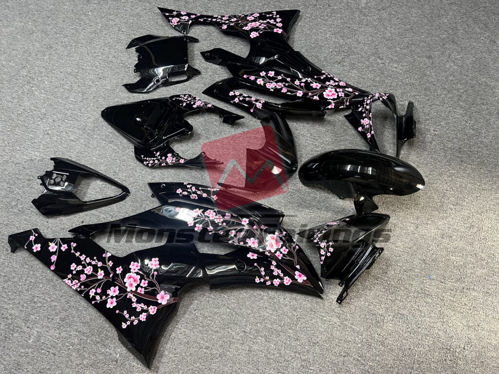 Yamaha R6 custom ABS fairings 2008 - 2016 in Gloss Black With Cherry Blossom - durable replacement kit, Monster Fairings