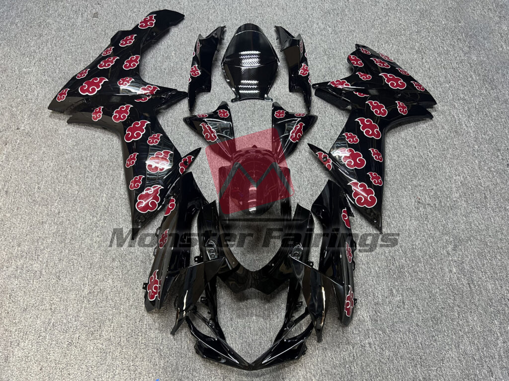 Suzuki GSXR 600 - 750 2011 - 2025 Gloss Black With Akatsuki Clouds ABS fairings - custom motorcycle bodywork kit by Monster Fairings