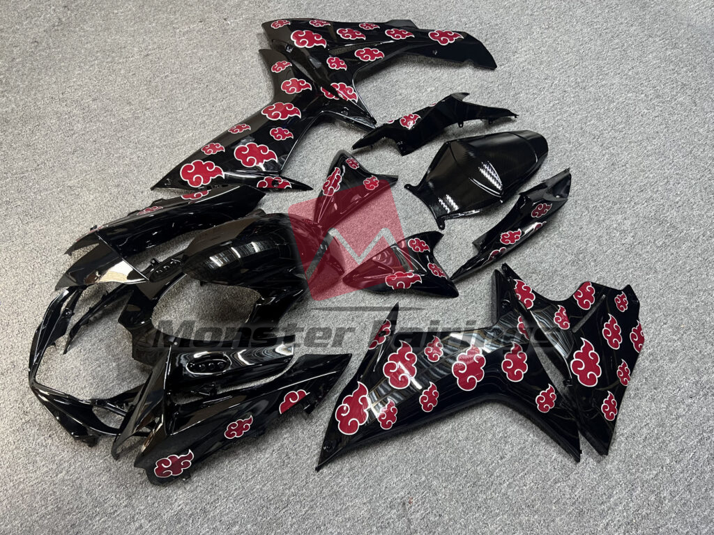 Suzuki GSXR 600 - 750 custom ABS fairings 2011 - 2025 in Gloss Black With Akatsuki Clouds - durable replacement kit, Monster Fairings