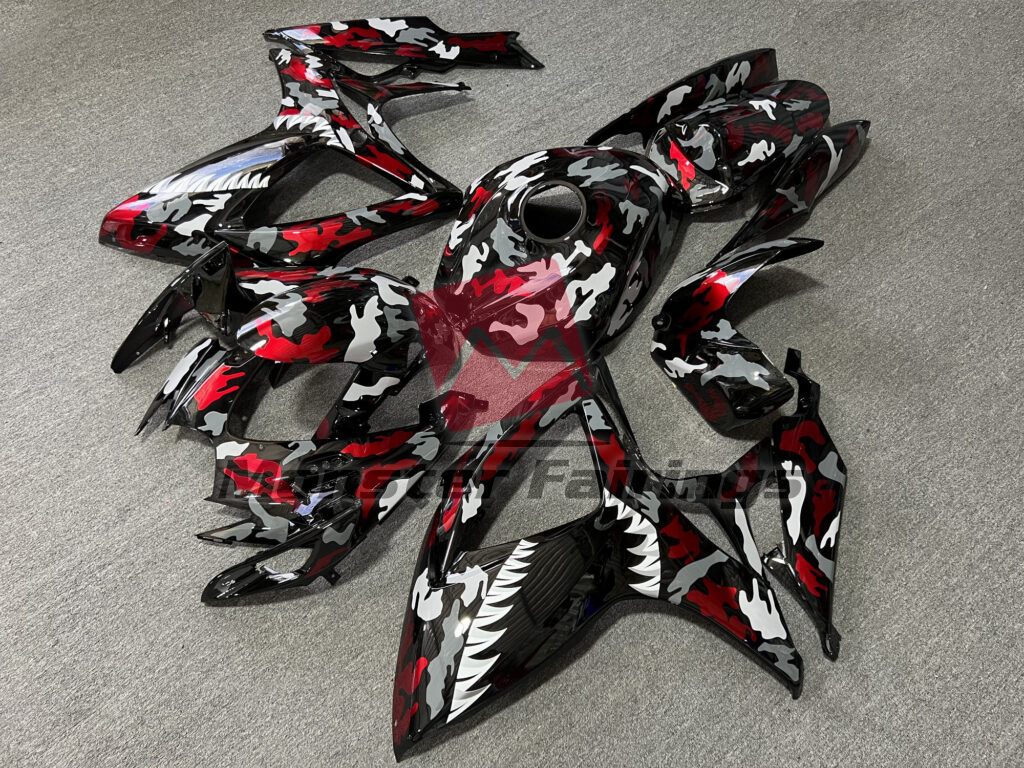 Suzuki GSXR 600 - 750 custom ABS fairings 2006 - 2007 in Gloss Black & Red Camo Shark - durable replacement kit, Monster Fairings