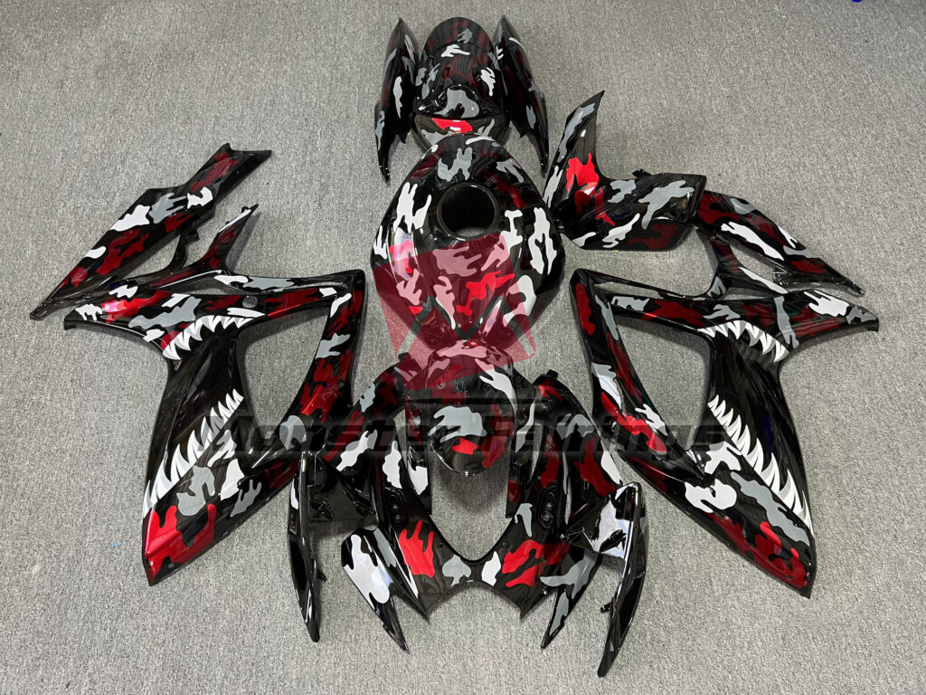 Suzuki GSXR 600 - 750 2006 - 2007 Gloss Black & Red Camo Shark ABS fairings - custom motorcycle bodywork kit by Monster Fairings