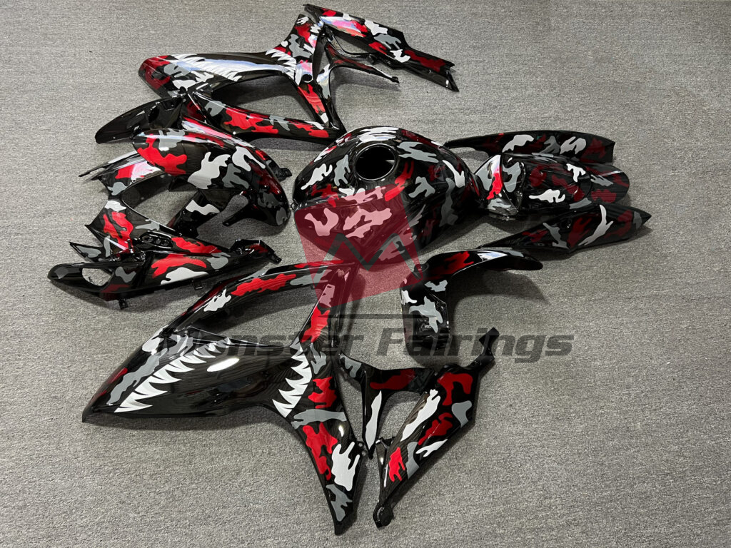 2006 - 2007 Suzuki GSXR 600 - 750 Gloss Black & Red Camo Shark fairing set - ABS injection, custom painted by Monster Fairings