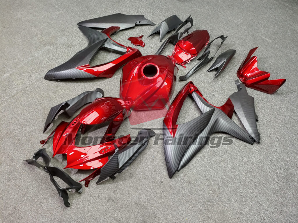 Suzuki GSXR 600 - 750 custom ABS fairings 2008 - 2010 in Gloss Candy Red With Matte Carbon Fiber Style - durable replacement kit, Monster Fairings
