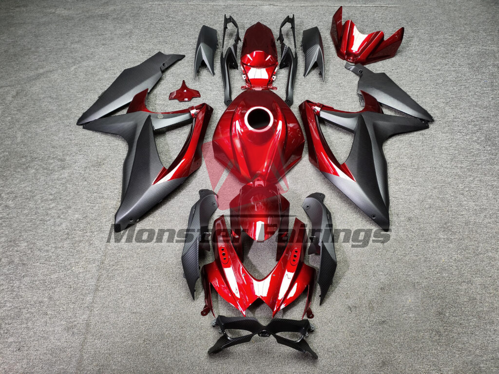 Suzuki GSXR 600 - 750 2008 - 2010 Gloss Candy Red With Matte Carbon Fiber Style ABS fairings - custom motorcycle bodywork kit by Monster Fairings
