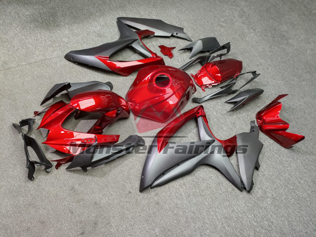 2008 - 2010 Suzuki GSXR 600 - 750 Gloss Candy Red With Matte Carbon Fiber Style fairing set - ABS injection, custom painted by Monster Fairings