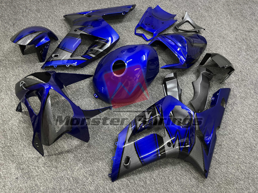 Kawasaki ZX6R custom ABS fairings 2003 - 2004 in Gloss Blue & Black With Carbon Fiber Style - durable replacement kit, Monster Fairings