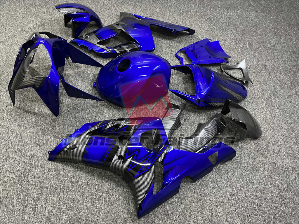 2003 - 2004 Kawasaki ZX6R Gloss Blue & Black With Carbon Fiber Style fairing set - ABS injection, custom painted by Monster Fairings