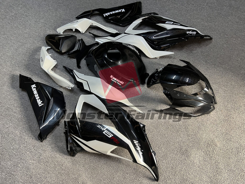 2013 - 2018 Kawasaki ZX6R Gloss Metallic Black & Pearl White fairing set - ABS injection, custom painted by Monster Fairings