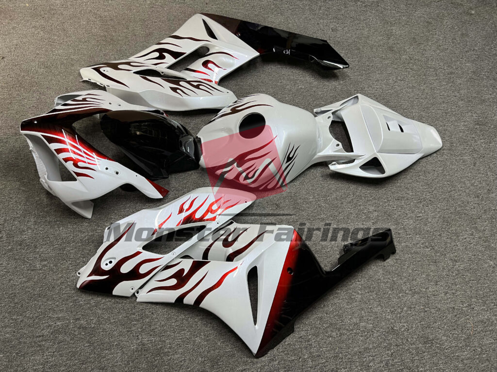 2004 - 2005 Honda CBR1000RR Gloss White & Black With Red Flames fairing set - ABS injection, custom painted by Monster Fairings