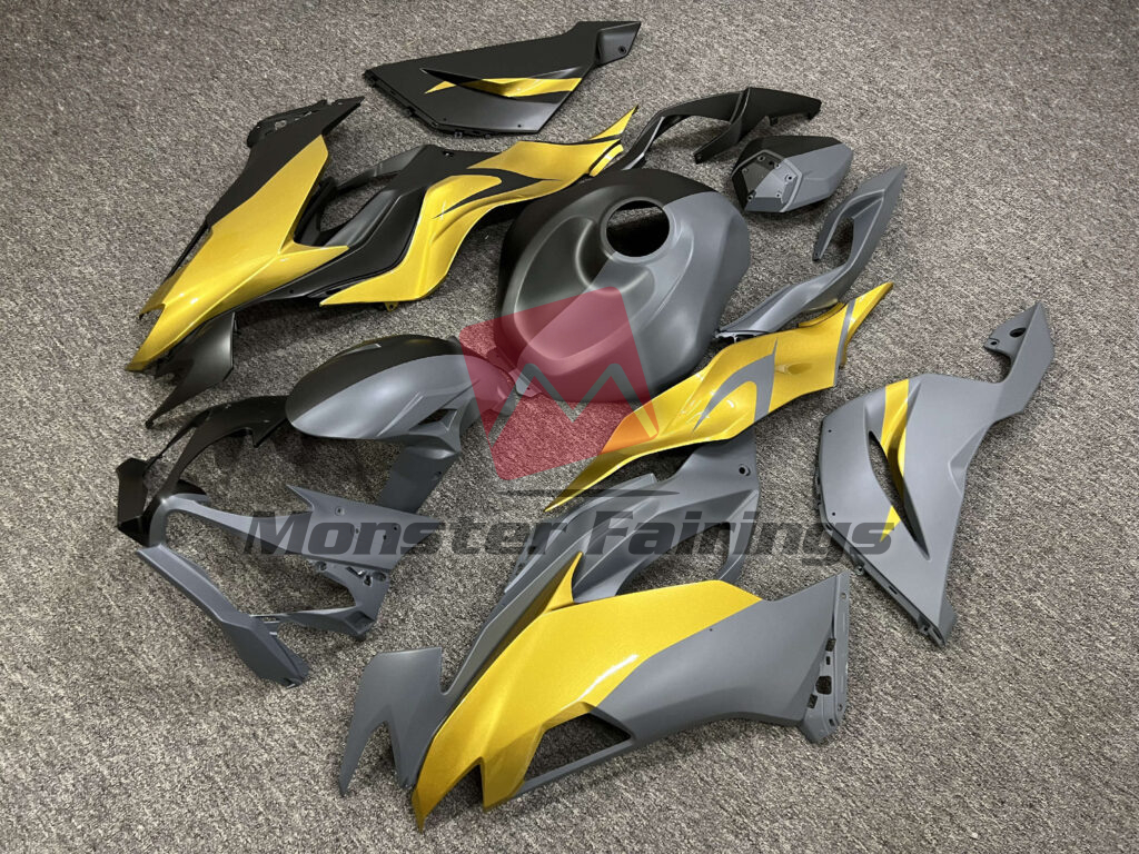 Kawasaki ZX6R custom ABS fairings 2019 - 2023 in Matte Metallic Black & Dark Gray With Gloss Gold - durable replacement kit, Monster Fairings