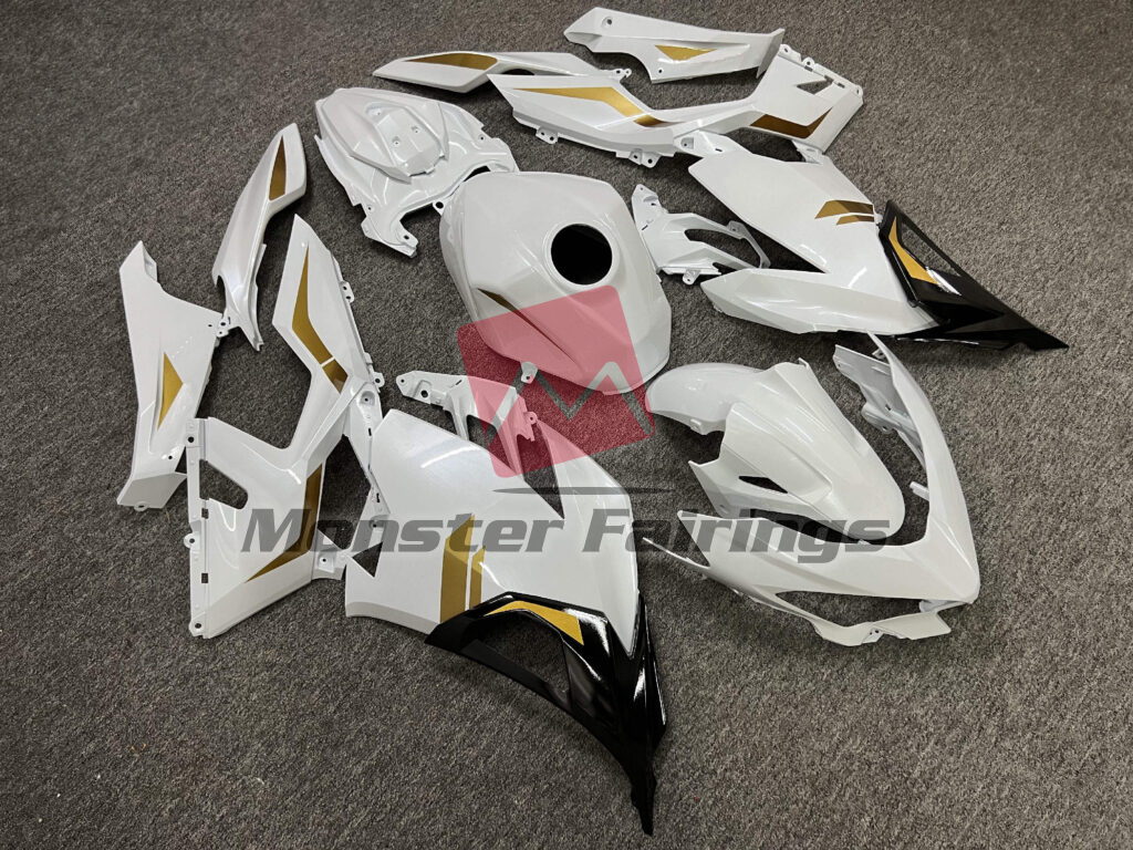 Kawasaki Ninja 400 custom ABS fairings 2018 - 2024 in Gloss Pearl White & Gold With Black - durable replacement kit, Monster Fairings