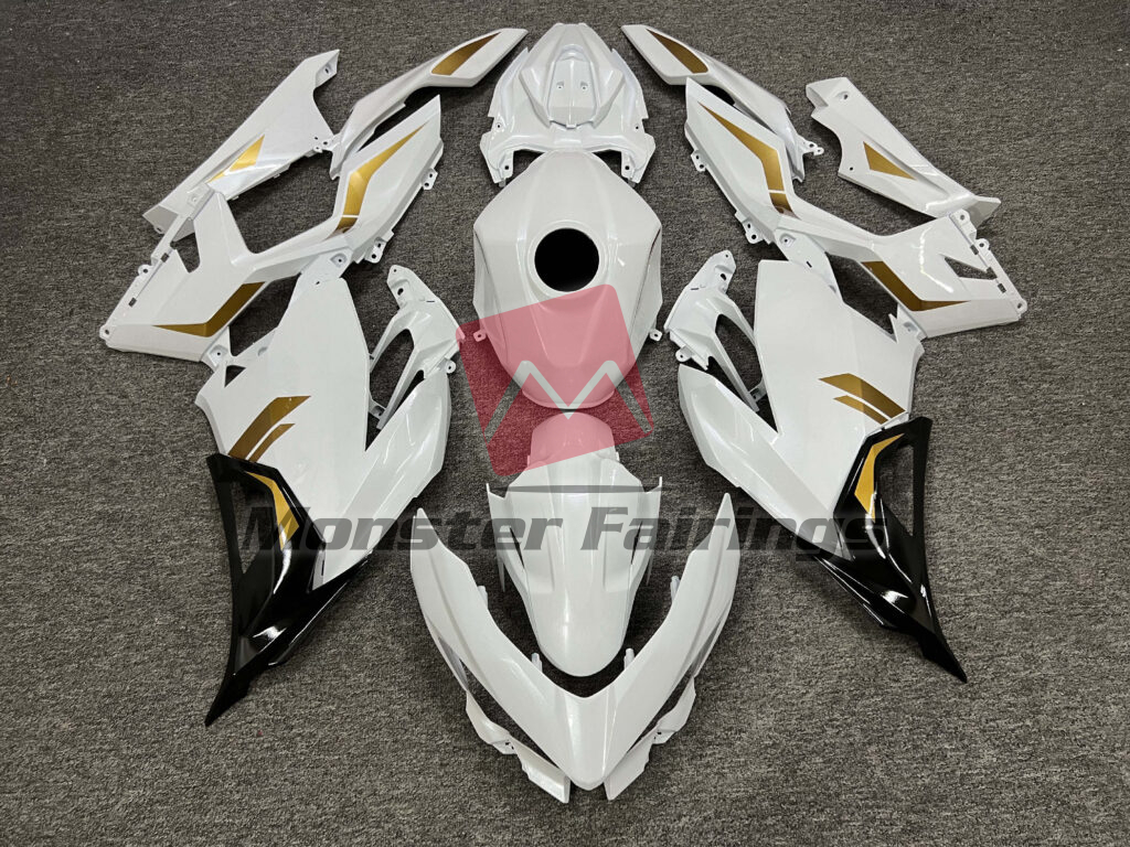 Kawasaki Ninja 400 2018 - 2024 Gloss Pearl White & Gold With Black ABS fairings - custom motorcycle bodywork kit by Monster Fairings