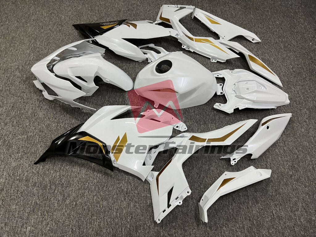 2018 - 2024 Kawasaki Ninja 400 Gloss Pearl White & Gold With Black fairing set - ABS injection, custom painted by Monster Fairings