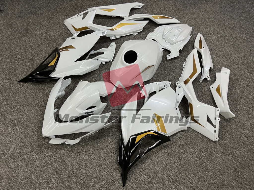Gloss Pearl White & Gold With Black ABS fairings for Kawasaki Ninja 400 2018 - 2024 - premium OEM fit kit by Monster Fairings