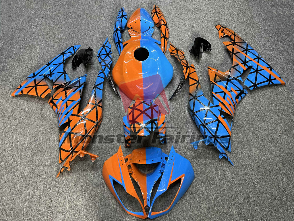 Kawasaki ZX6R 2009 - 2012 Gloss Blue & Orange With Forged Carbon Fiber Style Pattern Split ABS fairings - custom motorcycle bodywork kit by Monster Fairings