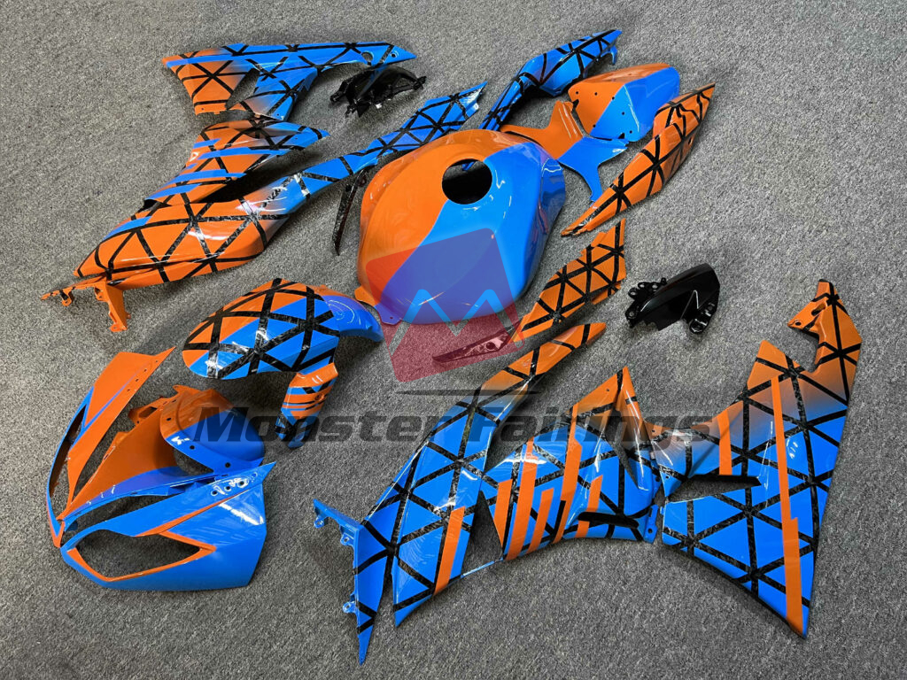 Monster Fairings ABS fairing kit for Kawasaki ZX6R 2009 - 2012 - Gloss Blue & Orange With Forged Carbon Fiber Style Pattern Split, precise OEM fit