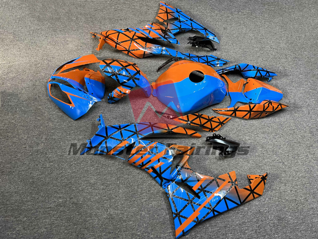 Kawasaki ZX6R 2009 - 2012 ABS fairings, Gloss Blue & Orange With Forged Carbon Fiber Style Pattern Split - high - quality motorcycle kit by Monster Fairings