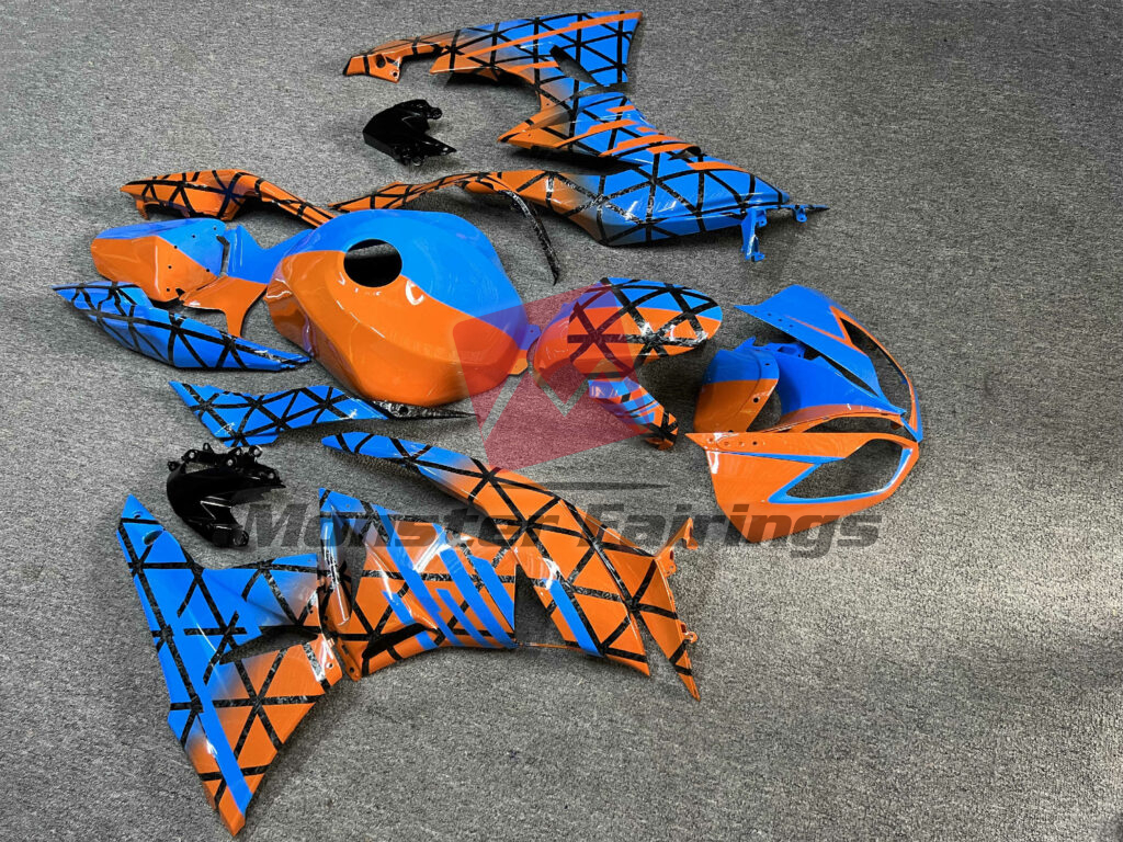 2009 - 2012 Kawasaki ZX6R Gloss Blue & Orange With Forged Carbon Fiber Style Pattern Split fairing set - ABS injection, custom painted by Monster Fairings