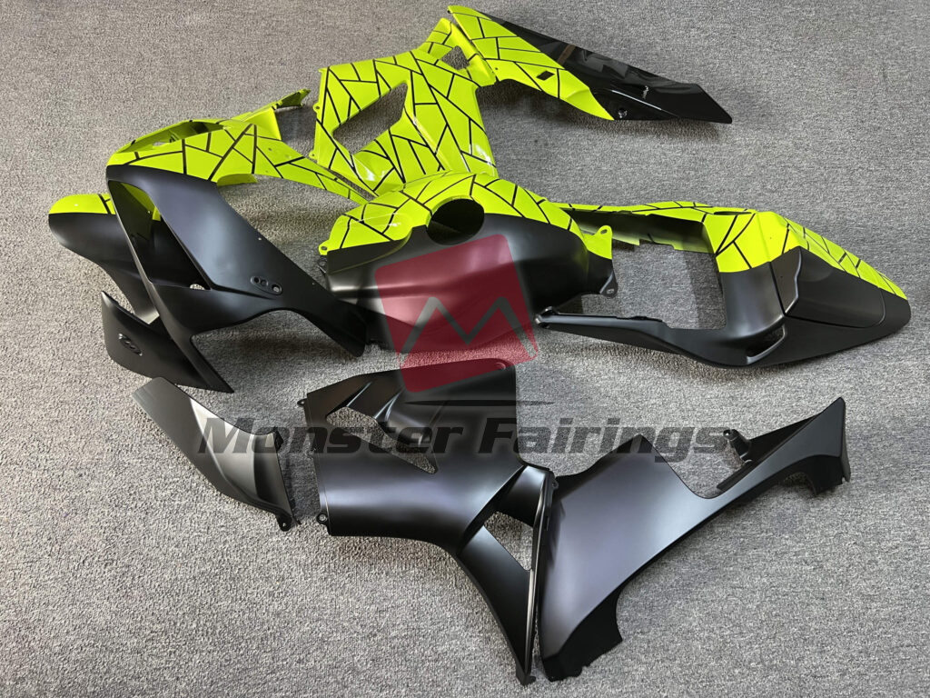 2003 - 2004 Honda CBR600RR Gloss High Vis Yellow & Matte Black Pattern Split fairing set - ABS injection, custom painted by Monster Fairings