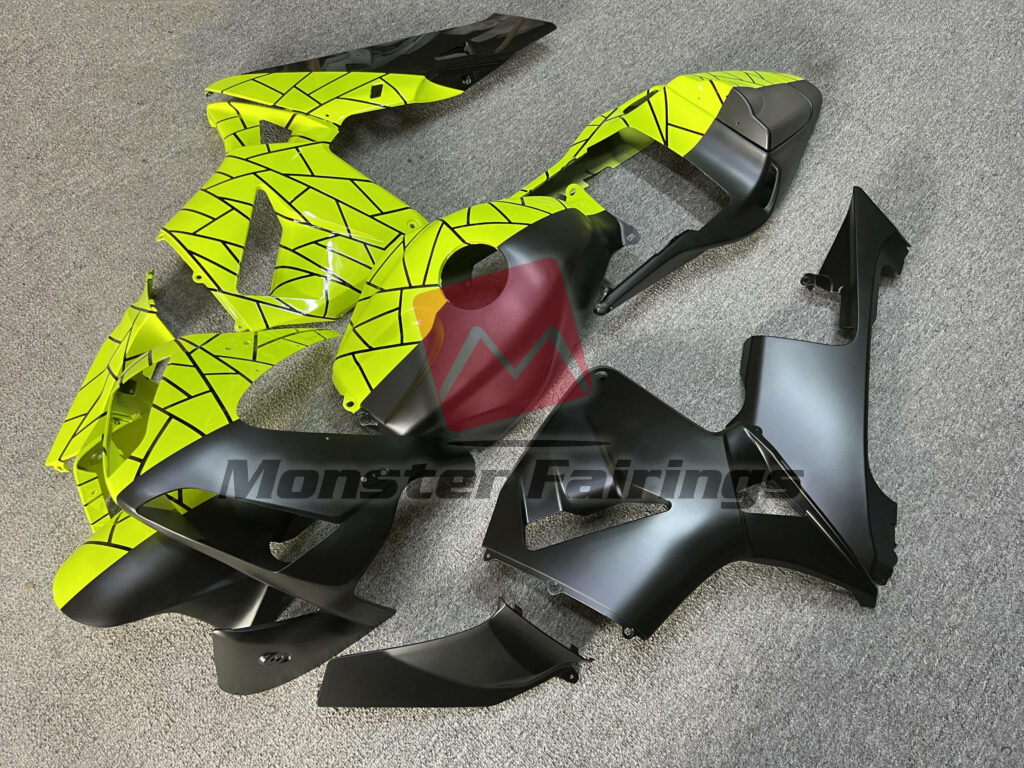 Honda CBR600RR custom ABS fairings 2003 - 2004 in Gloss High Vis Yellow & Matte Black Pattern Split - durable replacement kit, Monster Fairings