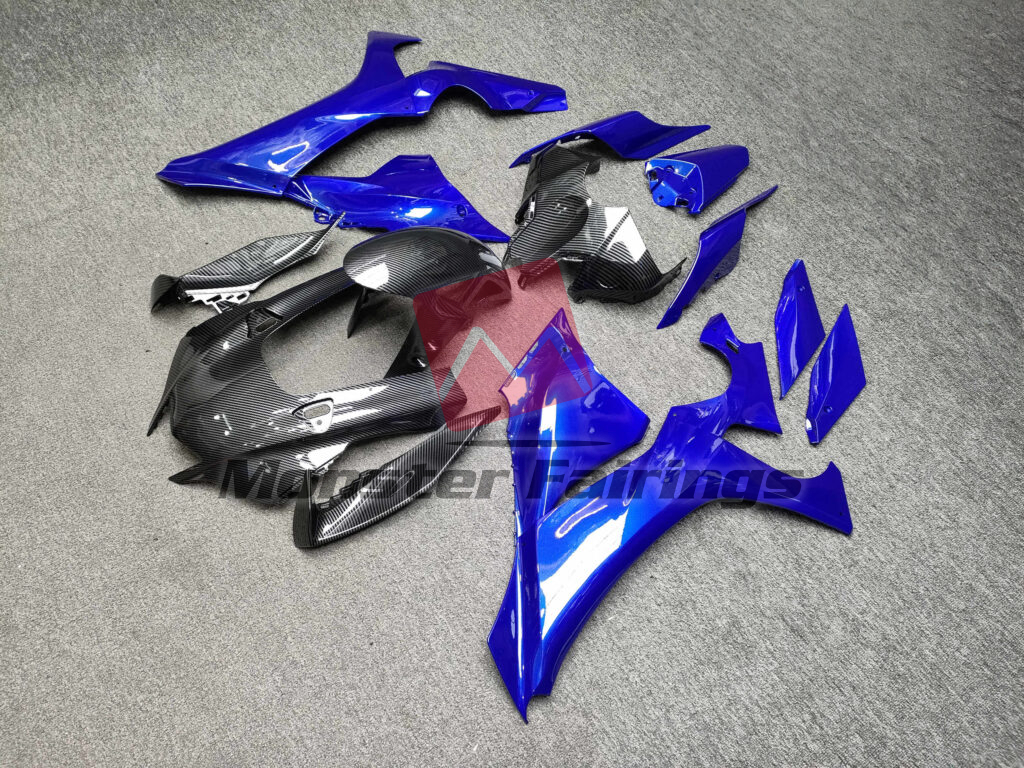 2020 - 2025 Yamaha R1 Gloss Blue With Carbon Fiber Style fairing set - ABS injection, custom painted by Monster Fairings