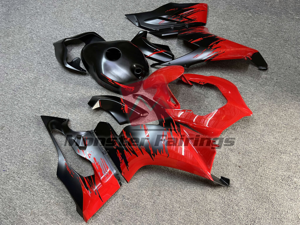 Ducati Panigale V2 custom ABS fairings 2020 - 2024 in Matte Black & Gloss Red Splash - durable replacement kit, Monster Fairings