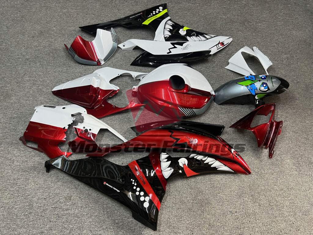 2008 - 2016 Yamaha R6 Gloss White & Candy Red Shark Split fairing set - ABS injection, custom painted by Monster Fairings