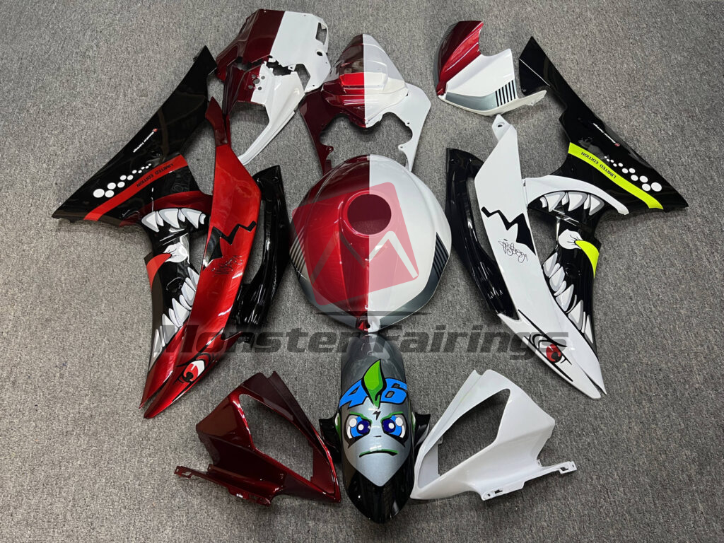 Yamaha R6 2008 - 2016 Gloss White & Candy Red Shark Split ABS fairings - custom motorcycle bodywork kit by Monster Fairings