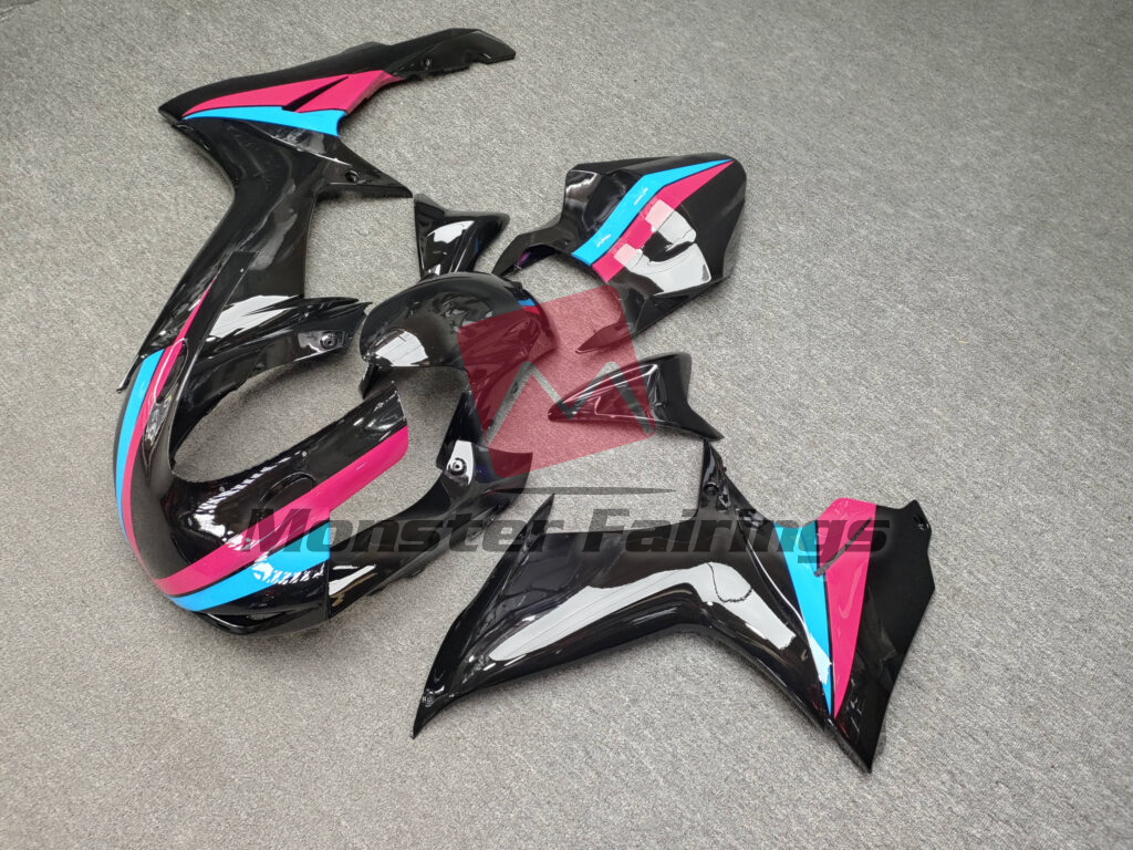 2011 - 2025 Suzuki GSXR 600 - 750 Gloss Black With Pink & Light Blue Race fairing set - ABS injection, custom painted by Monster Fairings