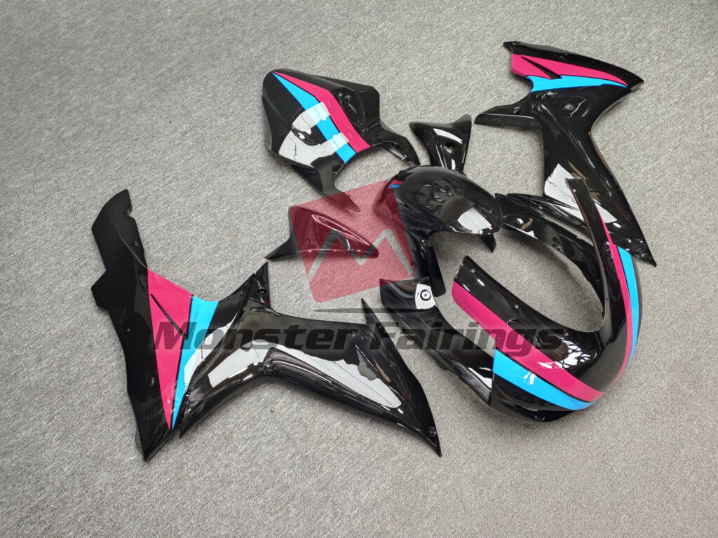 Suzuki GSXR 600 - 750 custom ABS fairings 2011 - 2025 in Gloss Black With Pink & Light Blue Race - durable replacement kit, Monster Fairings