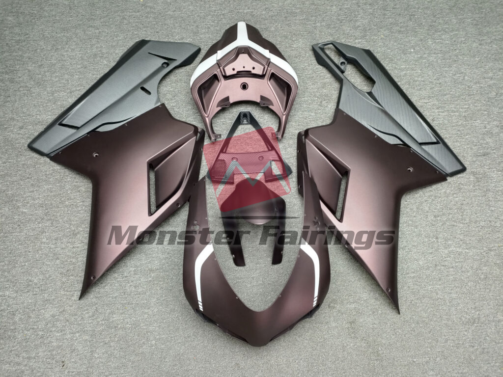 Ducati 848 1098 1198 2007 - 2012 Matte Metallic Burgundy & White With Carbon Fiber Style ABS fairings - custom motorcycle bodywork kit by Monster Fairings