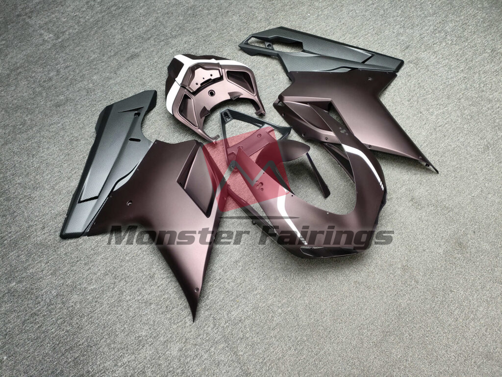Ducati 848 1098 1198 custom ABS fairings 2007 - 2012 in Matte Metallic Burgundy & White With Carbon Fiber Style - durable replacement kit, Monster Fairings