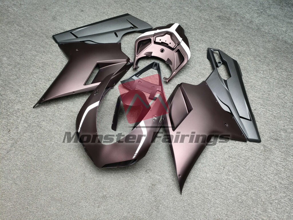2007 - 2012 Ducati 848 1098 1198 Matte Metallic Burgundy & White With Carbon Fiber Style fairing set - ABS injection, custom painted by Monster Fairings