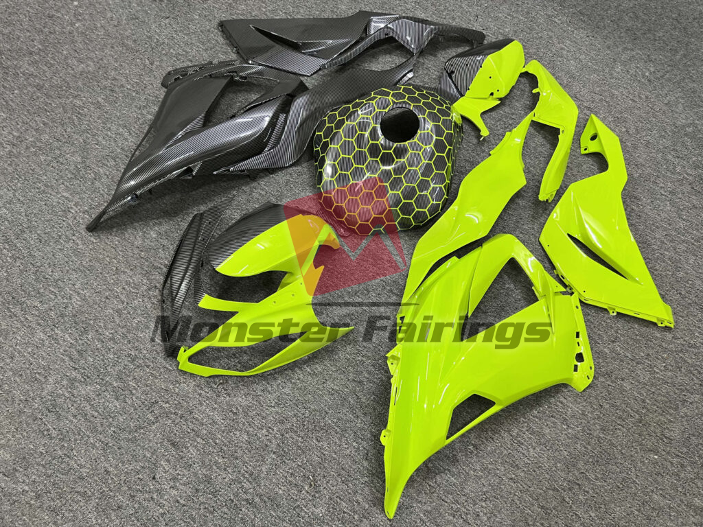 Kawasaki ZX6R custom ABS fairings 2013 - 2018 in Gloss Carbon Fiber Style & High Vis Yellow Split - durable replacement kit, Monster Fairings